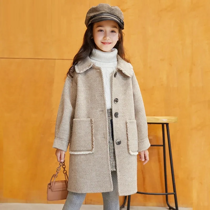 Autumn Girls Woolen Dress Jacket with Pockets Kids Button Lapel Lining Long Coat for Girls Blue Beige Elegant Trench Coat 6-14