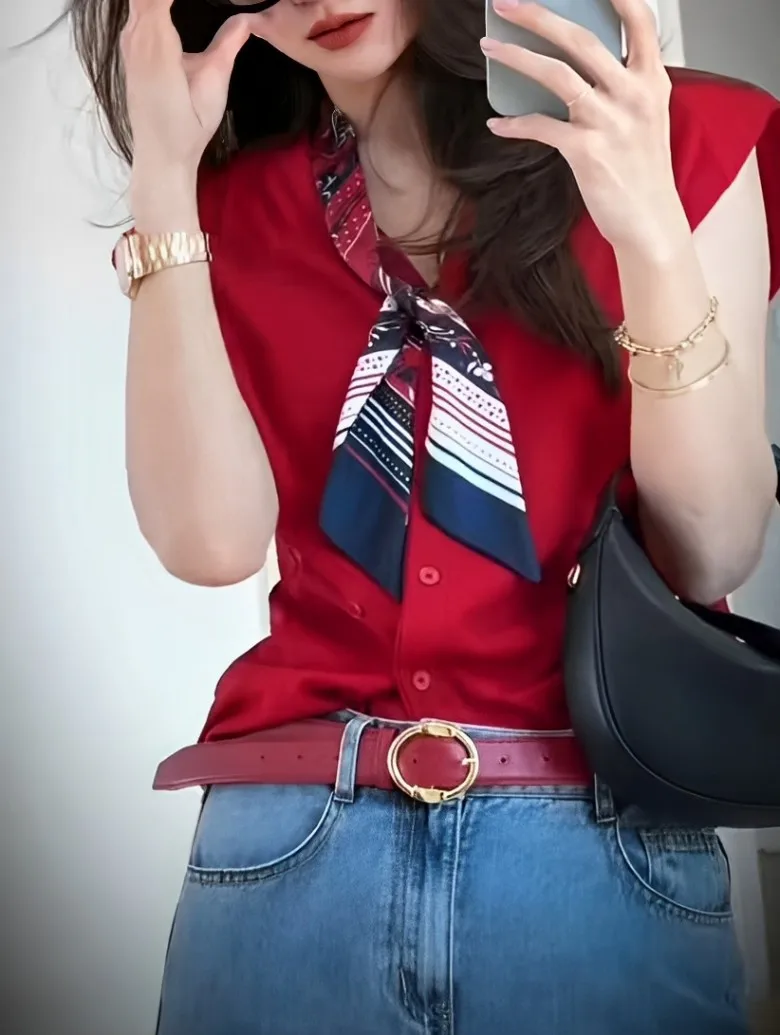 

Ele Silk Scarf Single Button Design V-Ne Svel Top Women's T-irt Summer New Sle Commute Sle Slim Fit Cotton ...