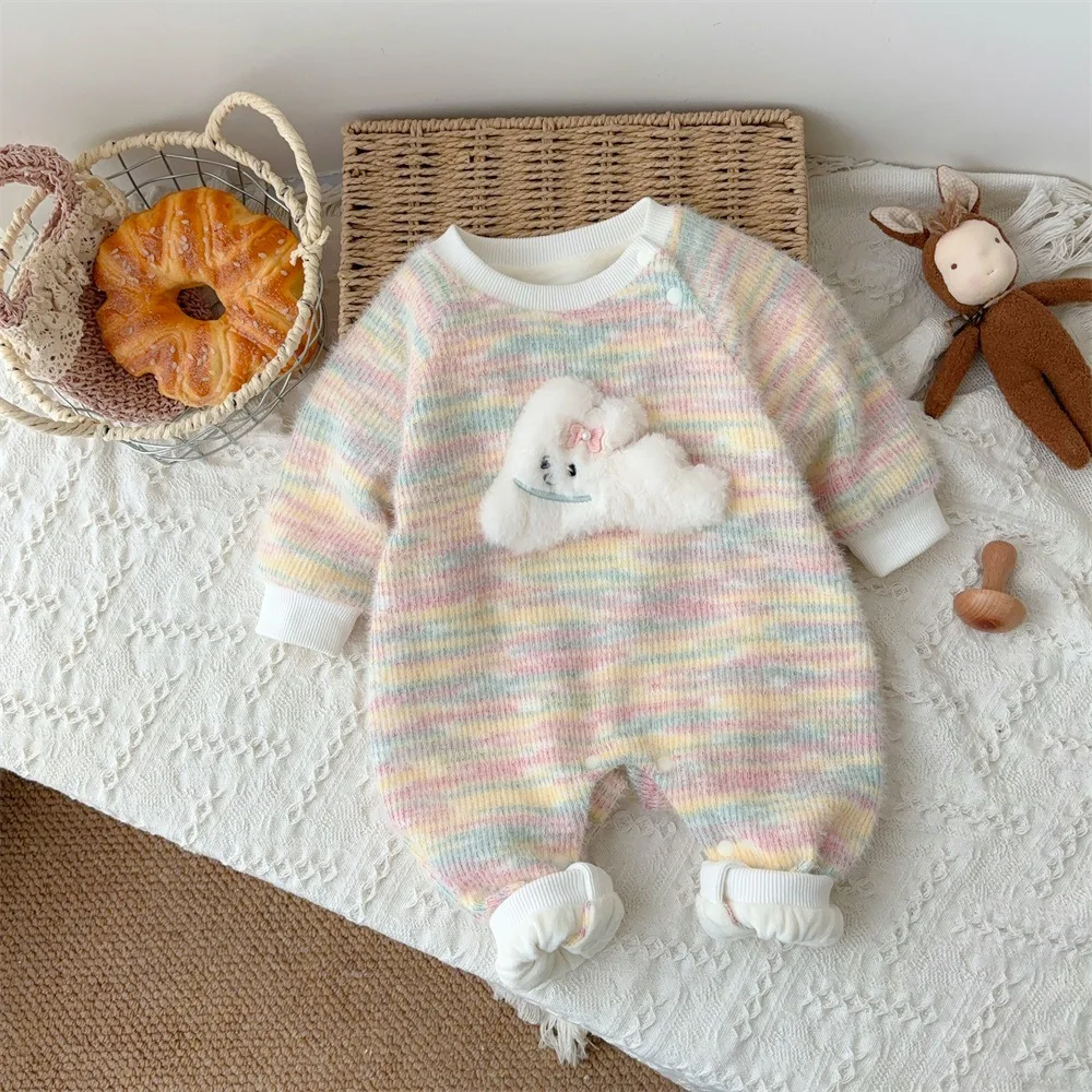 

Autumn Winter Baby Girls Bodysuit Rainbow Cloud Patched Plus Velvet Knitted Infant Girls Rompers Toddler Girls Jumpsuit