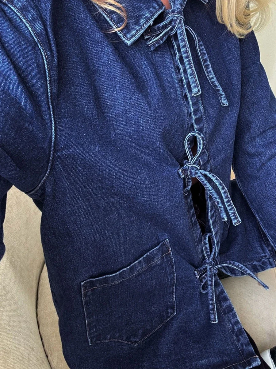 Jaket Denim lengan panjang wanita, atasan Jean warna polos dasi depan leher Lapel dengan saku Vintage 2000 pakaian jalanan