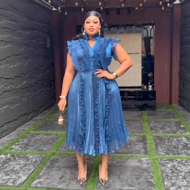 

Plus Size Women's Blue Ruffled Stand Collar Sleeveless Pleated Dress Elegant Fashionable Formal Dress Elegantes Casual Y2K