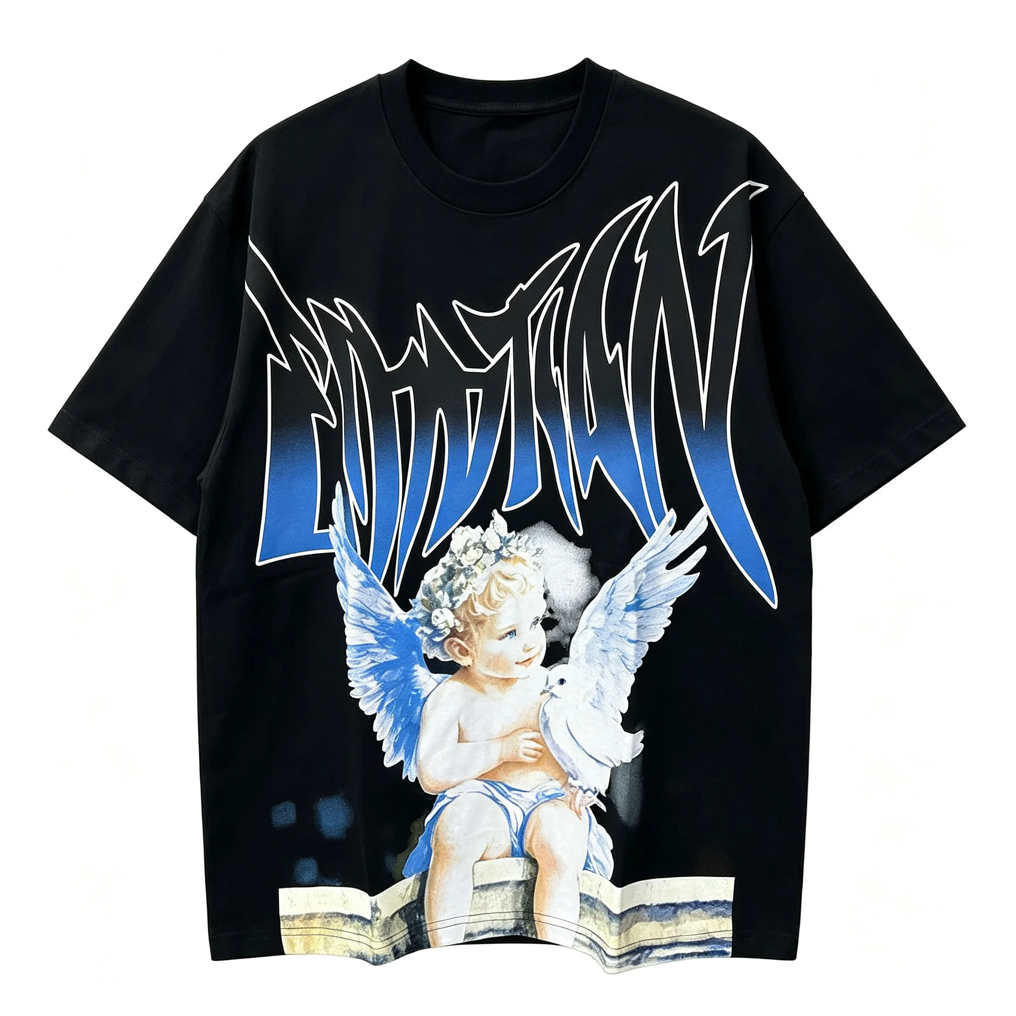 Unisex European American Style Retro Angel Figure Heavy Metal Font Graphic Short Sleeve Tee Loose Dark Grunge Street Casual