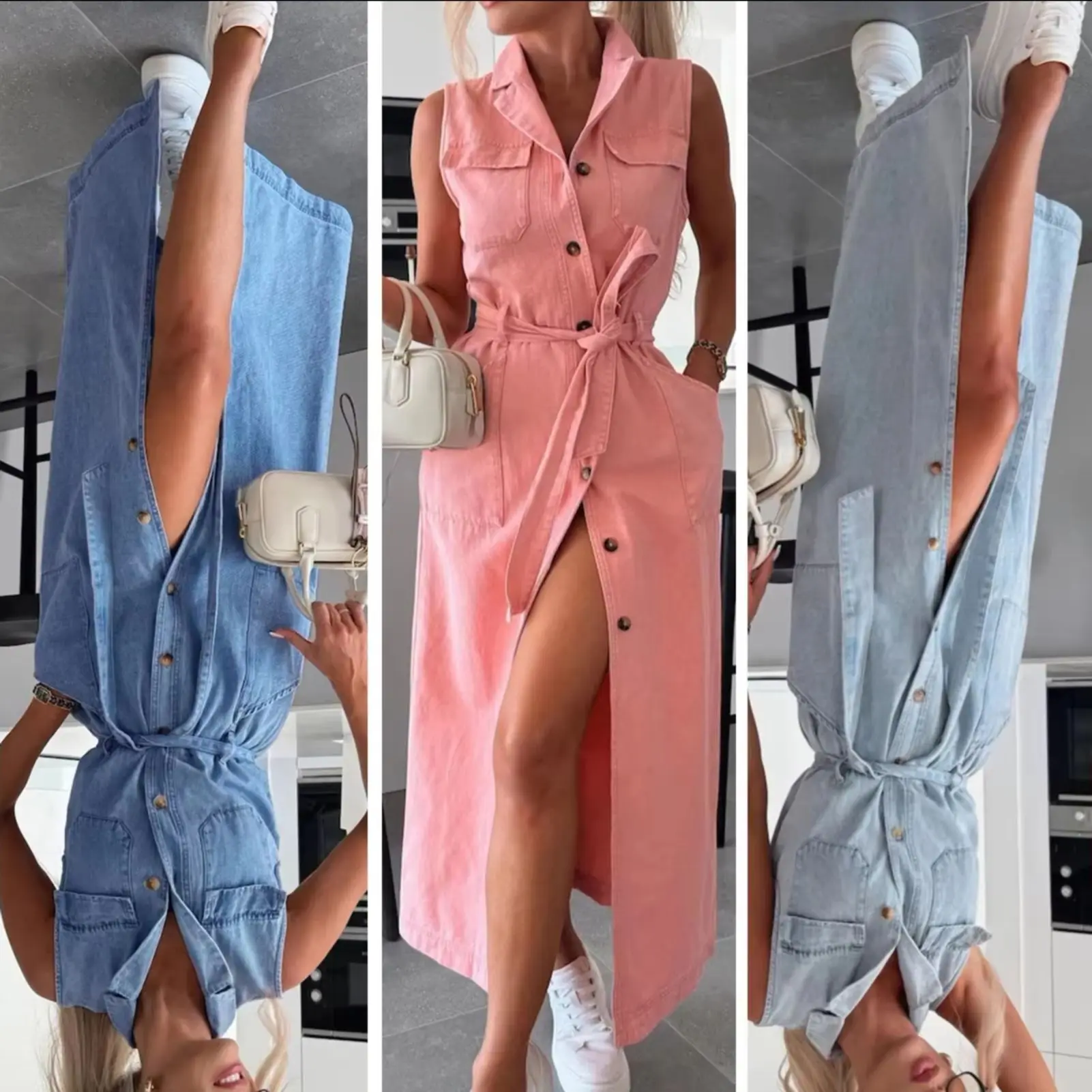 Damska sukienka dżinsowa bez rękawów, długa, z paskiem w talii, zapinana na jeden guzik, moda damska, sukienka kowbojska, sukienka koszulowa dżinsowa.