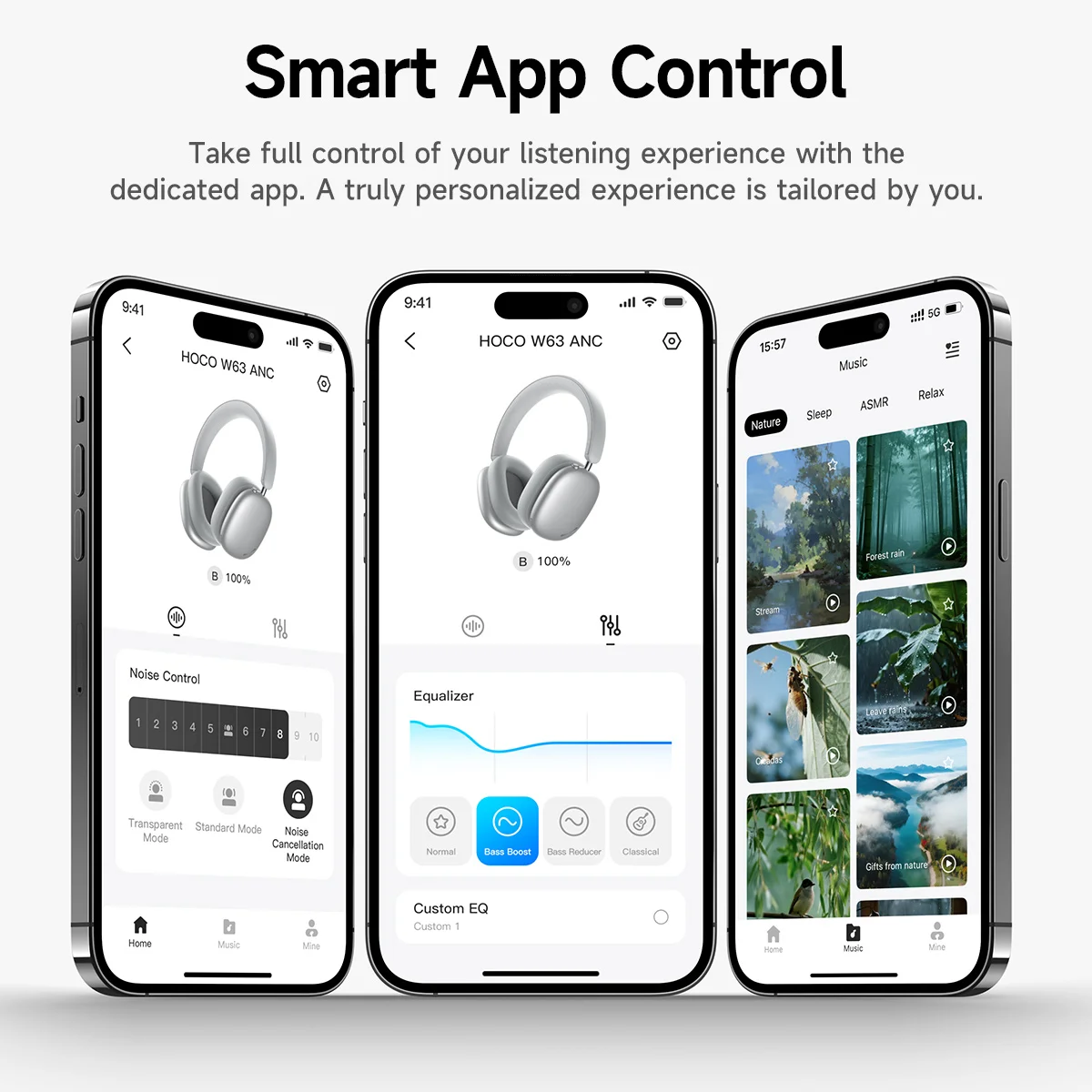 HOCO W63 ANC Active Noise Cancelling Bluetooth Headphones App Control Sports Hifi Music Headsets Air with Microphone Over Ear