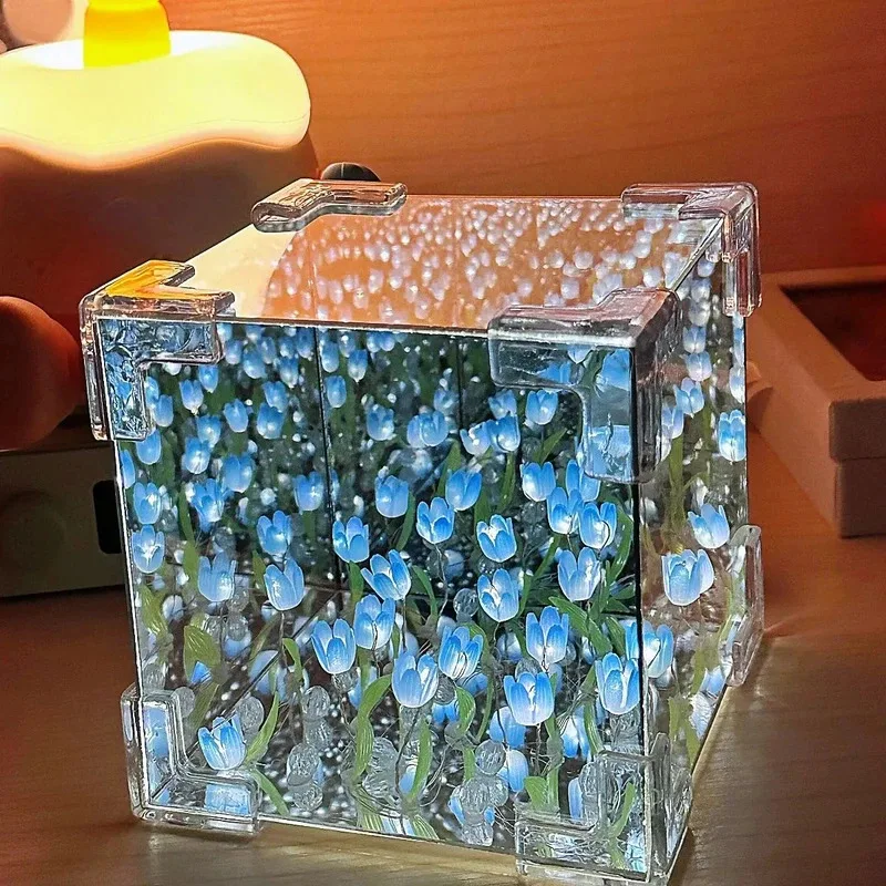Veilleuse tulipe éclairée 3D – Lampe Cube LED faite à la main avec base miroir, décoration de table florale pour chambre à coucher, bureau ou table de chevet