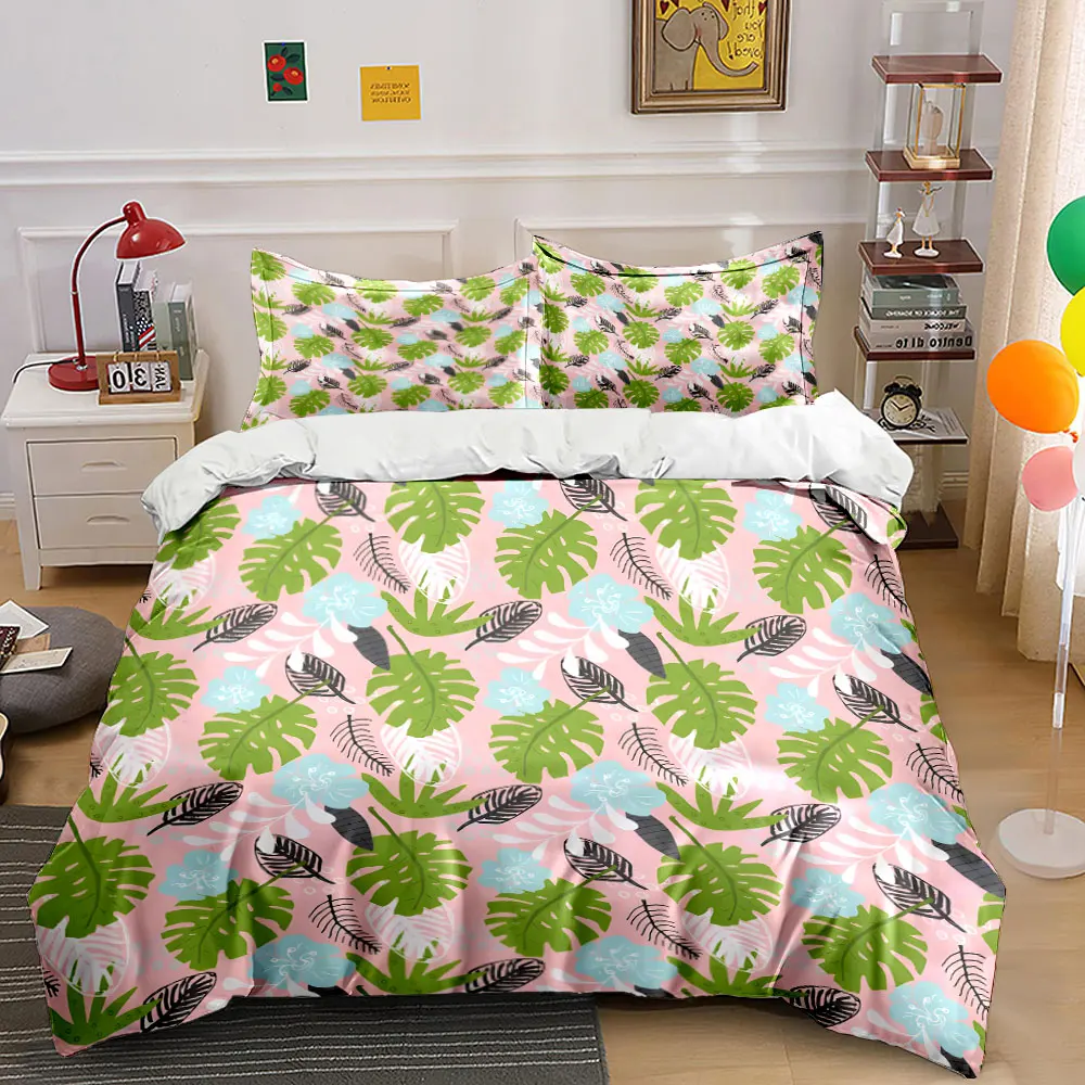 Tropical Plants and Flowers Pattern Bedding Set for Kids Luxury Gift 3pc Digital Print Comforter Set Soft Comfortable Breathable