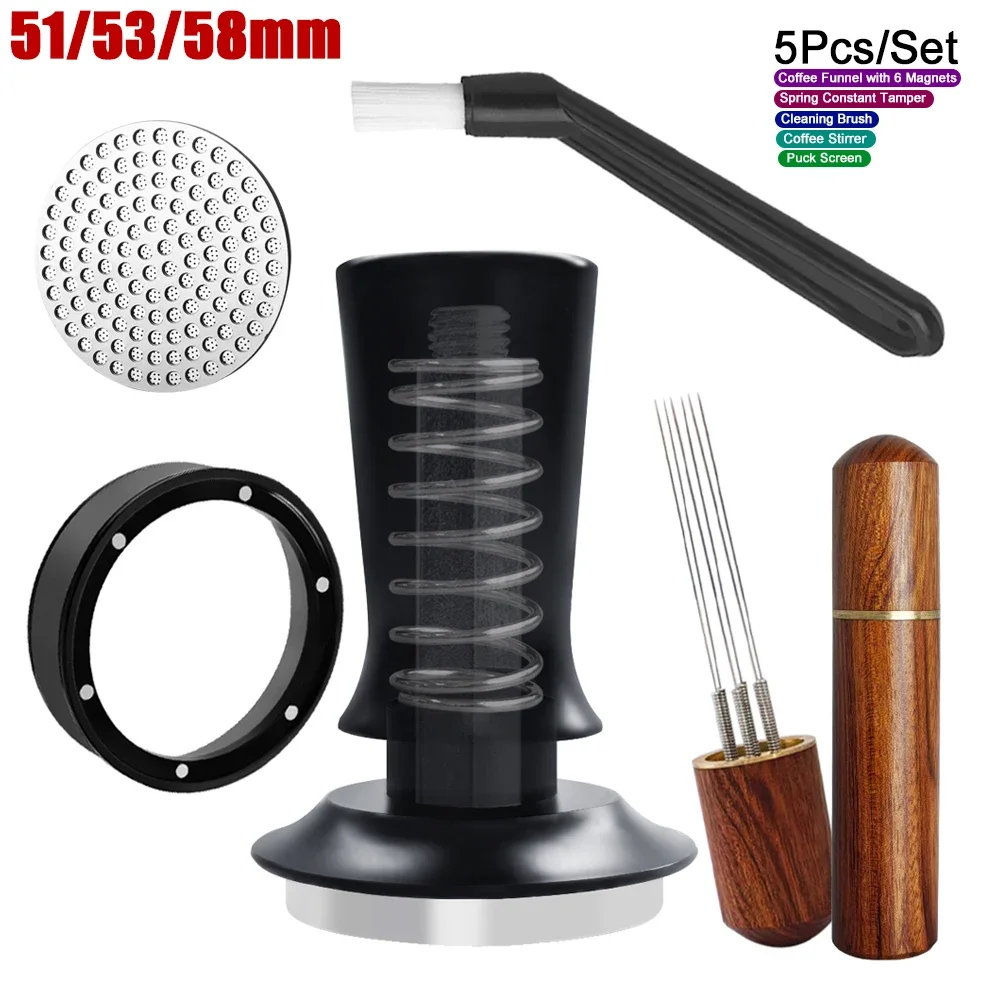 

For 5Pcs Coffee Tampers, 51/53/58mm Espresso Coffee Tamper Tools with WDT Stirrer Tool, Puck Screen, Dosing Funnel, Cleaning Bru