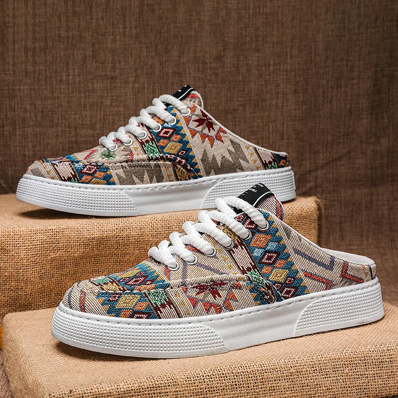 Men's Half Shoes New Summer Fashion Lace Up Casual Shoes Mixed Colors Ethnic Comfortable Canvas Shoes Lightweight Men's Sneakers