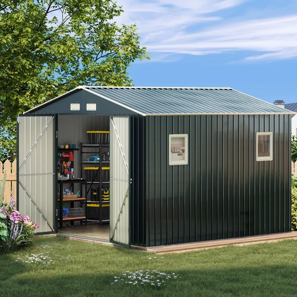 

Outdoor Storage Shed 10X10FT. Utility Tool Shed Metal Storage Garden Shed with Lockable Doors, Windows & Metal Frame Floor for P