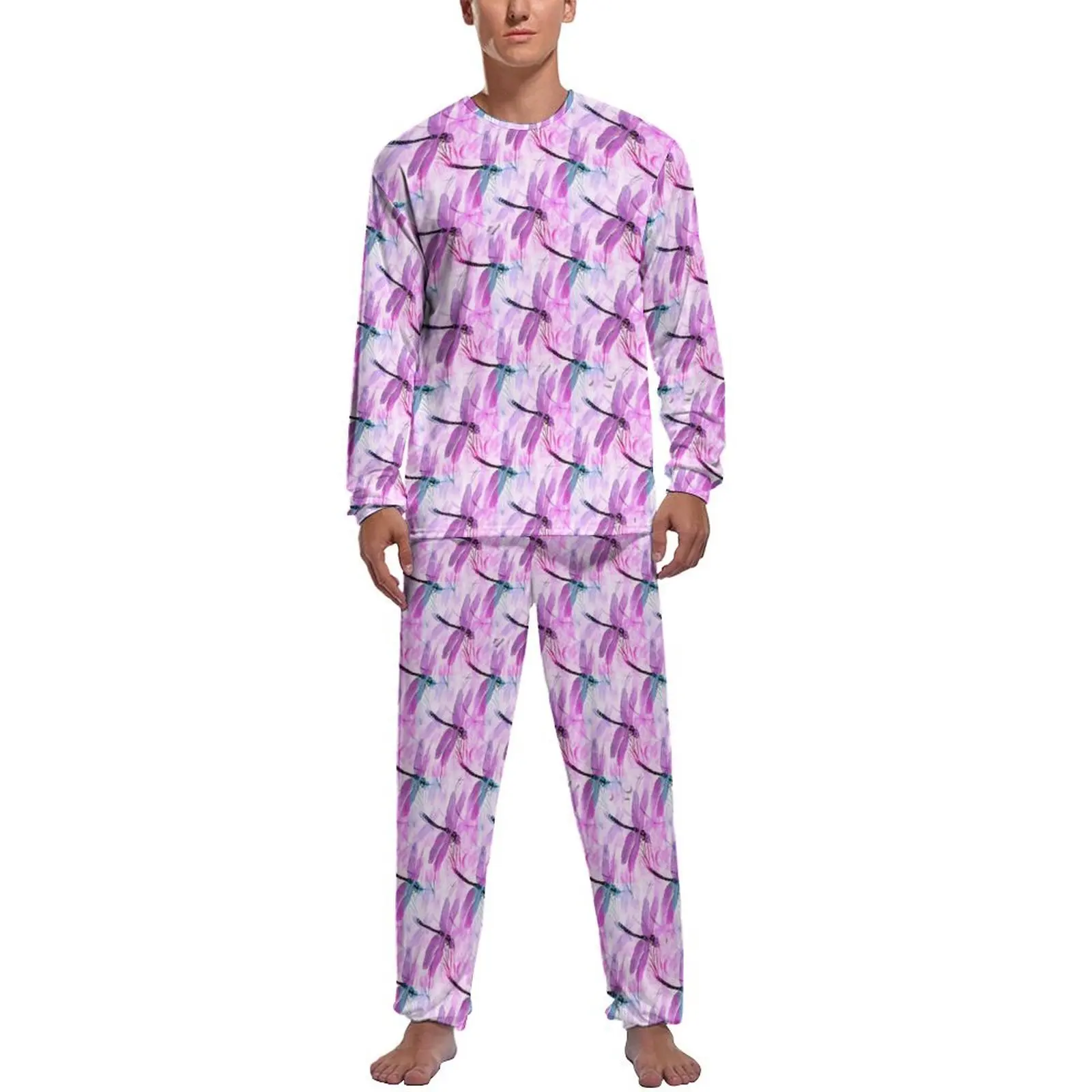 

Pink Dragonfly Pajamas Men Cute Animal Print Lovely Sleepwear Daily Long Sleeves 2 Pieces Night Graphic Pajama Sets