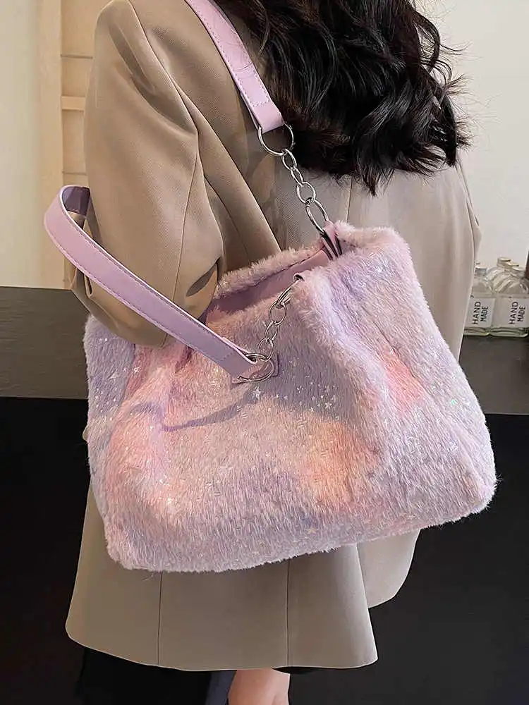 Chic Plush Sequin Tote Bags Women Winter New Large Capacity Versatile Lovely Underarm Bags Trend Rainbow One Shoulder Handbags