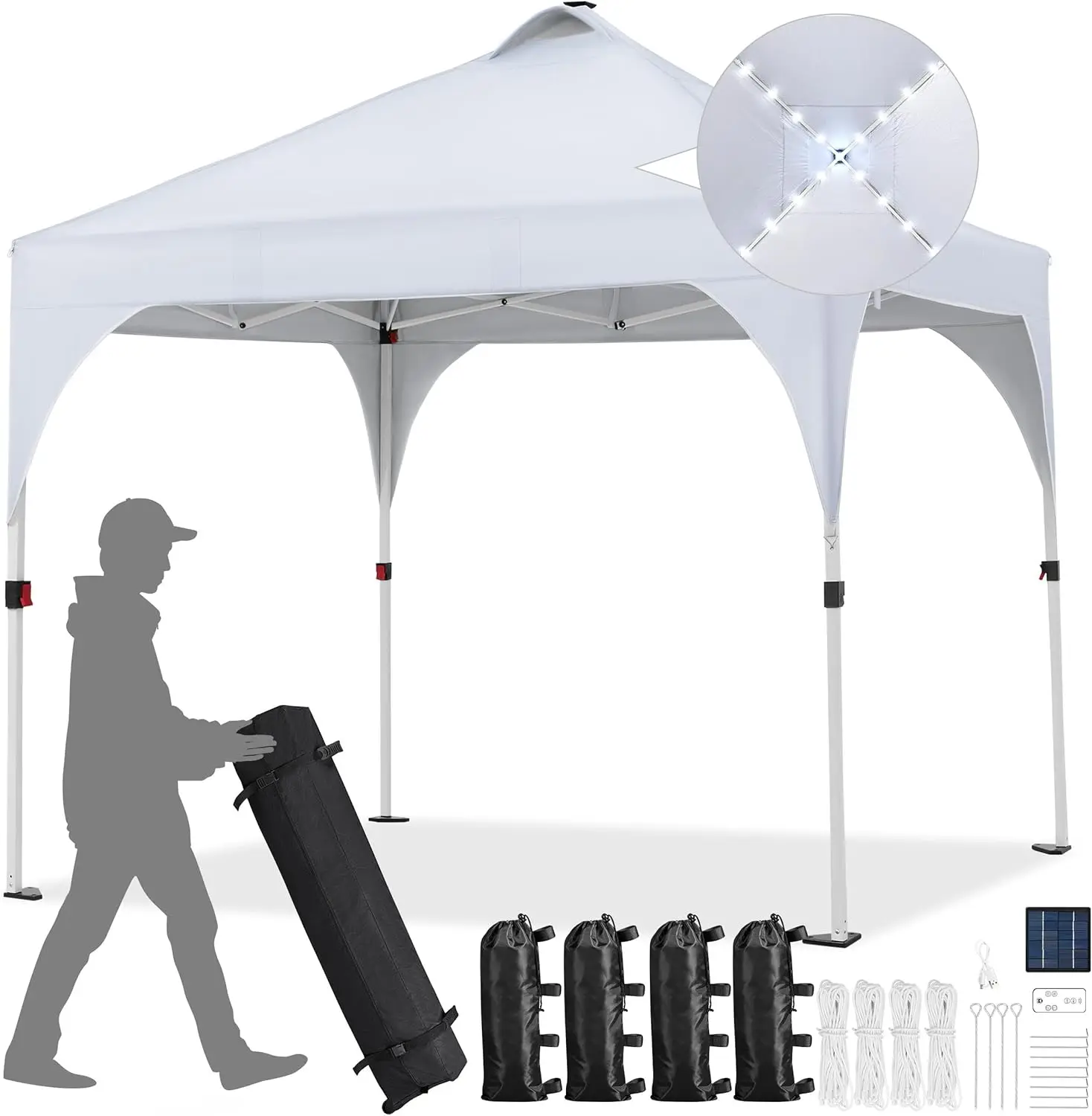 Outdoor Garden and Party Canopy, Lightweight Material, White, with 17 Solar LED Lights, Easy Set - up and Wheeled Bag