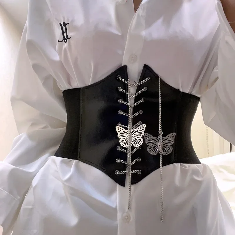 

Butterfly Chain Corset Wide Belts Faux Leather Slimming Body Shaping Girdle Belt Women Elastic Tight High Waist for Daily Wear