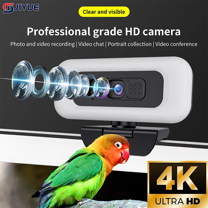 4K UHD Webcam With Autofocus, 3-Level Ring Light, Privacy Cover, 360° Rotation, Tripod, Plug & Play For Streaming & Video Calls