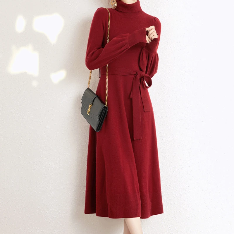 

Autumn and Winter New Knitted Dress Women Fashion Simple Commuter Warm High Collar Long-sleeved Loose Mid-calf Dresses