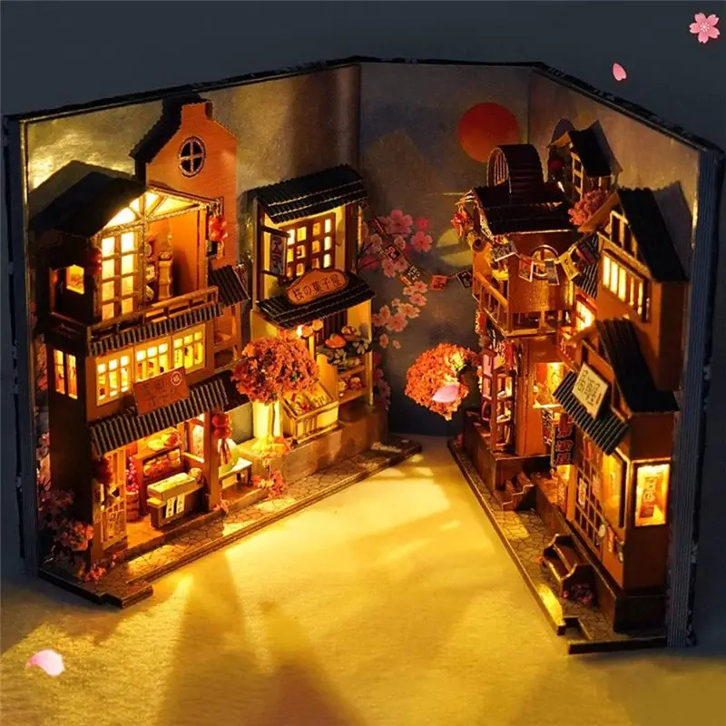Multicolor LED Light 3D Wooden Book Stand Kit, Japanese Tavern Style DIY Miniature Book Nook