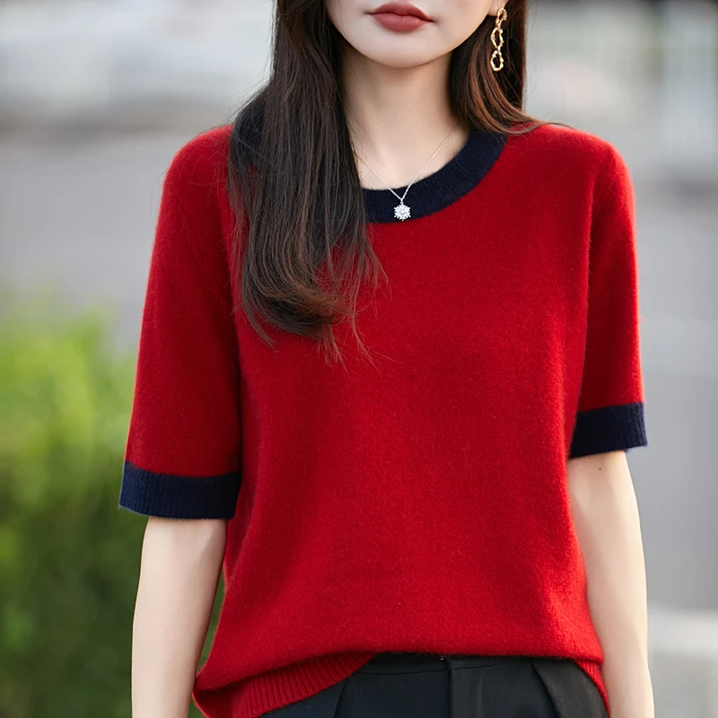 

Spring and Autumn 100% pure sheep women's round neck sweater T-shirt solid color knitted color blocked short sleeved new pullove