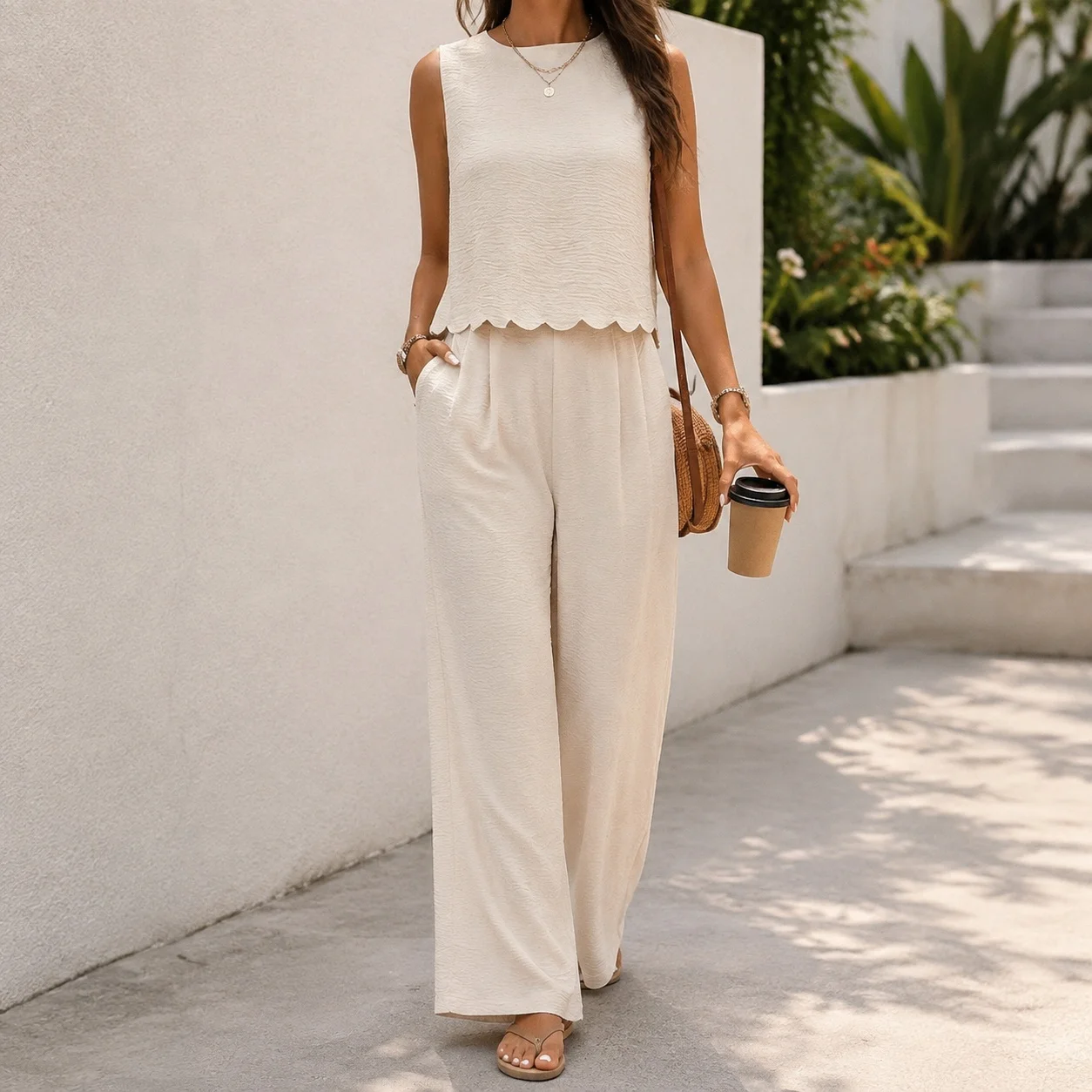 Long Pants Sleeveless Set Full Length Commuter Style with Summer Elegant Commuter High Manganese Acid Wash Tank Top Women Sets