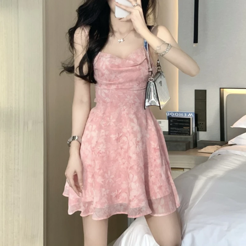 Women\'s Pink Flora Chiffon Dress, Korean Style Camisole, A-line Dress, Sweet Dress for Female, Casual Sexy Clothing, Spring, Sum