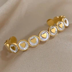 AENSOA Inlaid Shell Love Heart Stainless Steel Cuff Bangle for Women Fashion Gold Color Round Open Bracelet Valentine's Day Gift