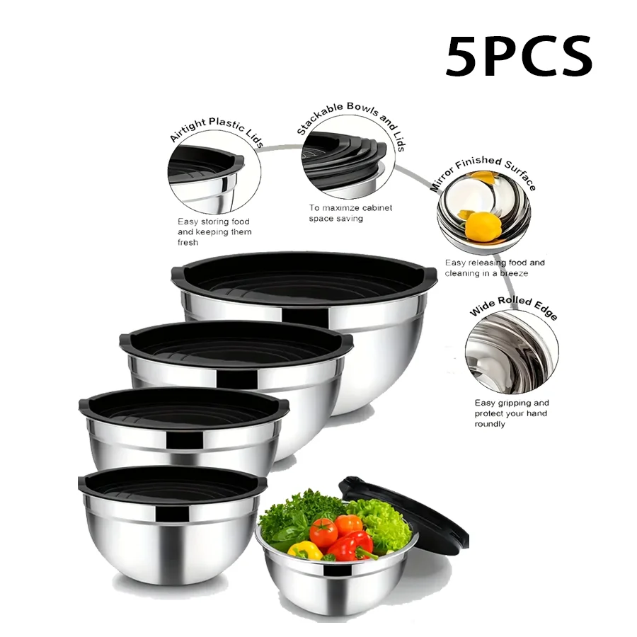 5pcs Stainless Steel Nested Bowl with Sealed Cover, a Set of 5 The Mixing Bowl, Used for Kitchen baking, Serving and Fruit.