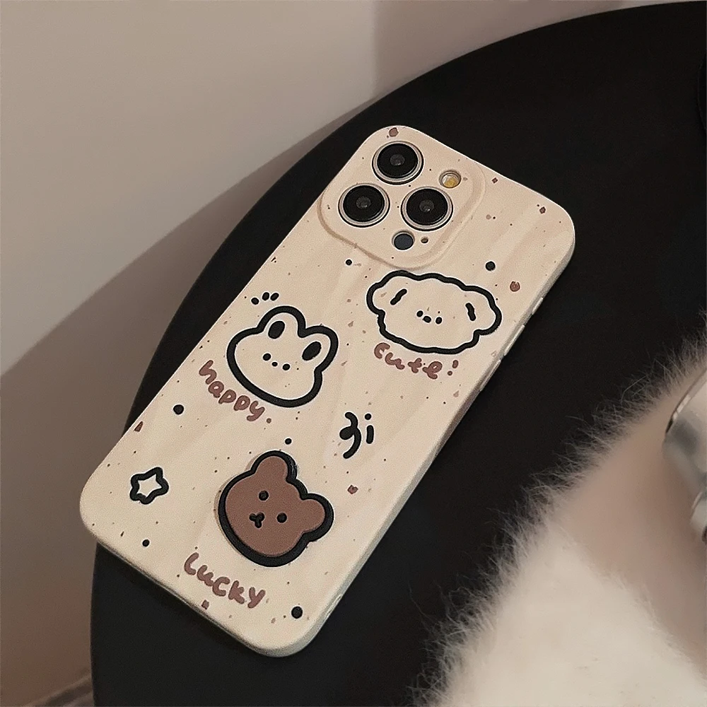 INS Cute Splash-ink Animals Rabbit Dog 3D Brown Bear Case for iPhone 15 14 13 Pro Max 12 Pro Plus 11 8 7 XR Wrinkle Cover