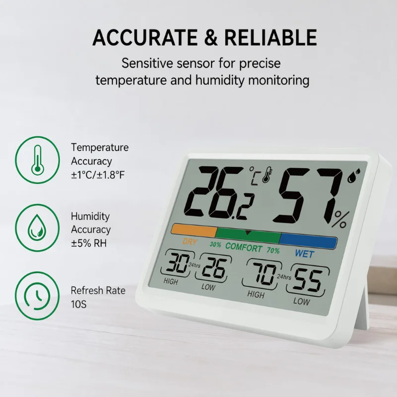 Indoor Thermometer Hygrometer Temperature Monitor Digital Thermometer with Comfort Level Display High/Low Record Auto Update