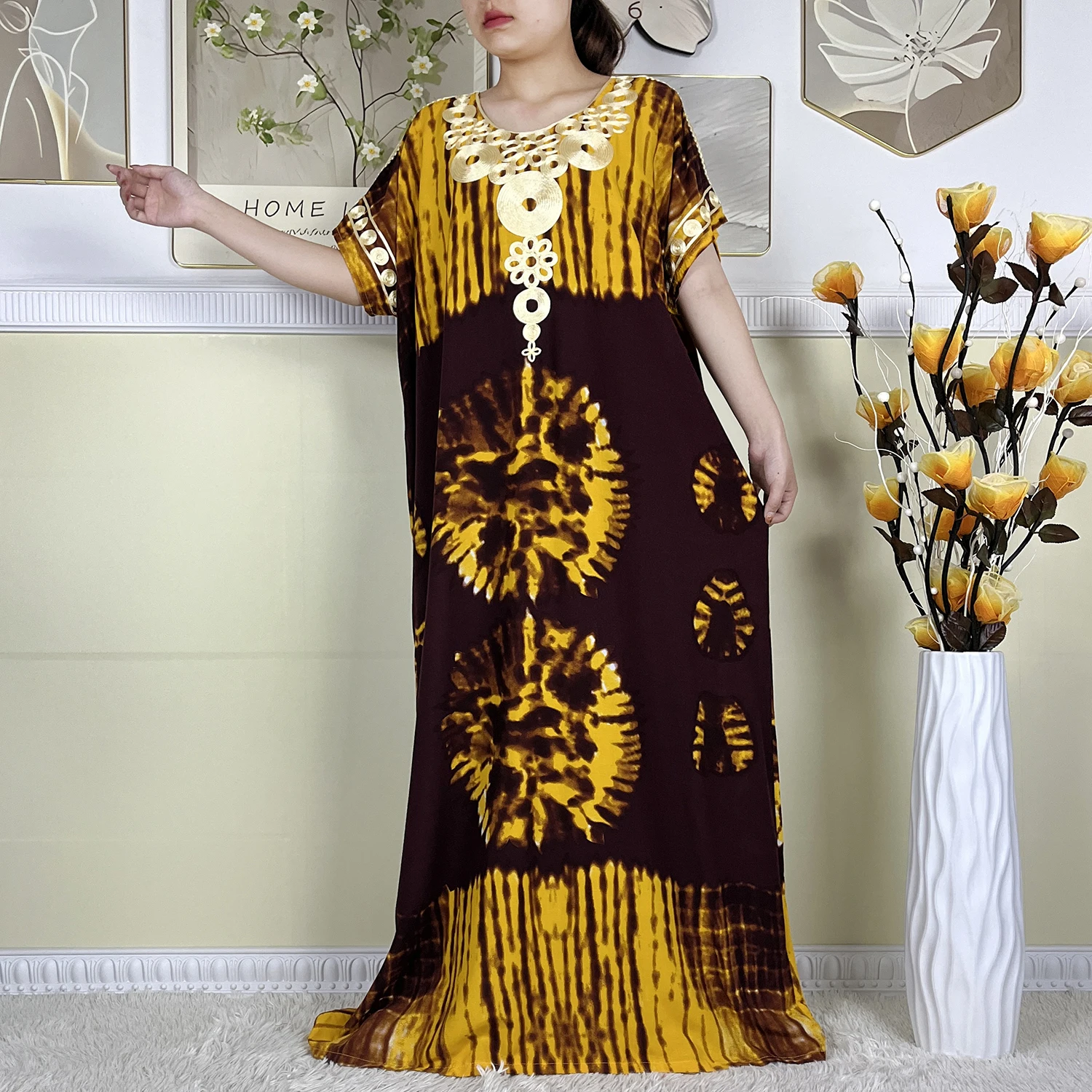 2024 New African Abaya Women Dashiki Evening Dress Pure Cotton Printing Loose Maxi Dubai Islamic Short Sleeve Femme Elegant Robe