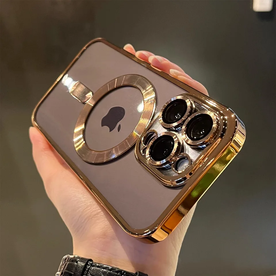 Funda transparente de lujo magnética con baño para carga inalámbrica Magsafe para iPhone 11 12 13 14 15 16 17 Pro Max Air Plus, cubierta a prueba de golpes
