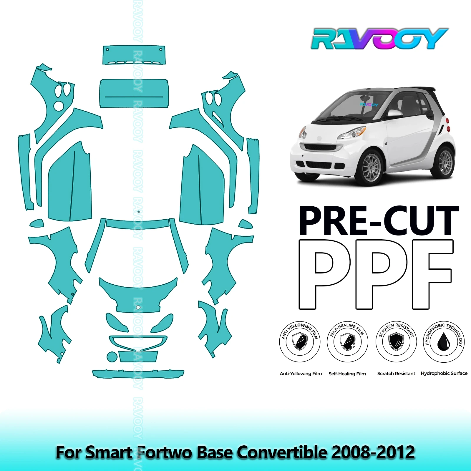 RAVOOY Custom-Fit Precut TPU PPF Full Vehicle Clear Bra Stone Guard EU UK For Smart Fortwo Base Convertible 2008-2012