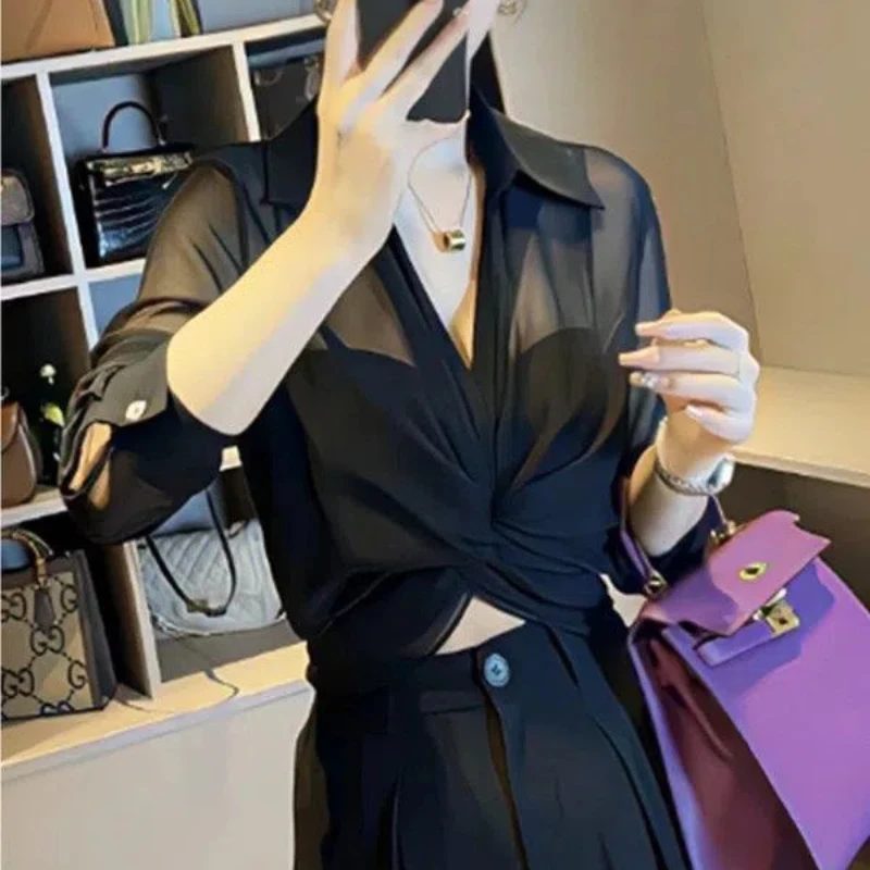 Korean Commute Spring Summer New Chiffon Blouses Women's Polo Collar Spliced Ruched Drawstring Breathable Slim Long Sleeve Shirt