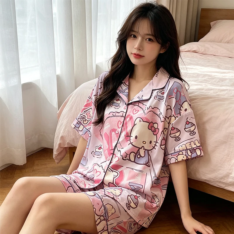 2026 New Cute Cartoon Hello Kitty Satin Sleepwear Set Women Short Sleeve Shorts Soft Comfy Summer Casual Fashion Home Loungewear view 2