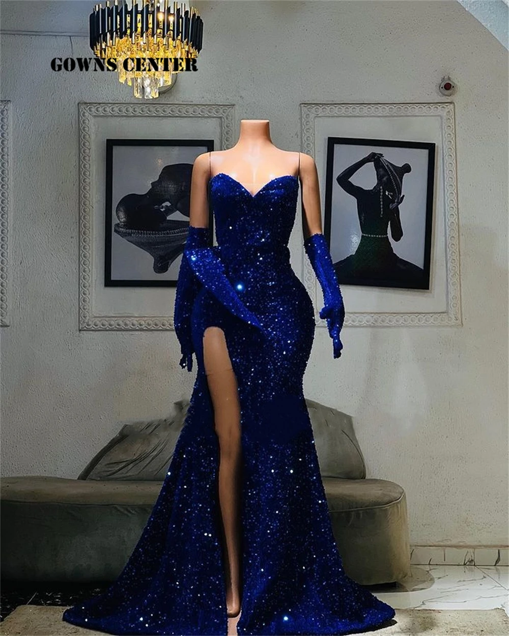 Fancy Royal Blue Sequin Mermaid Evening Dress High Split With Gloves Women Formal Party Dress robe de gala Sweetheart Customized