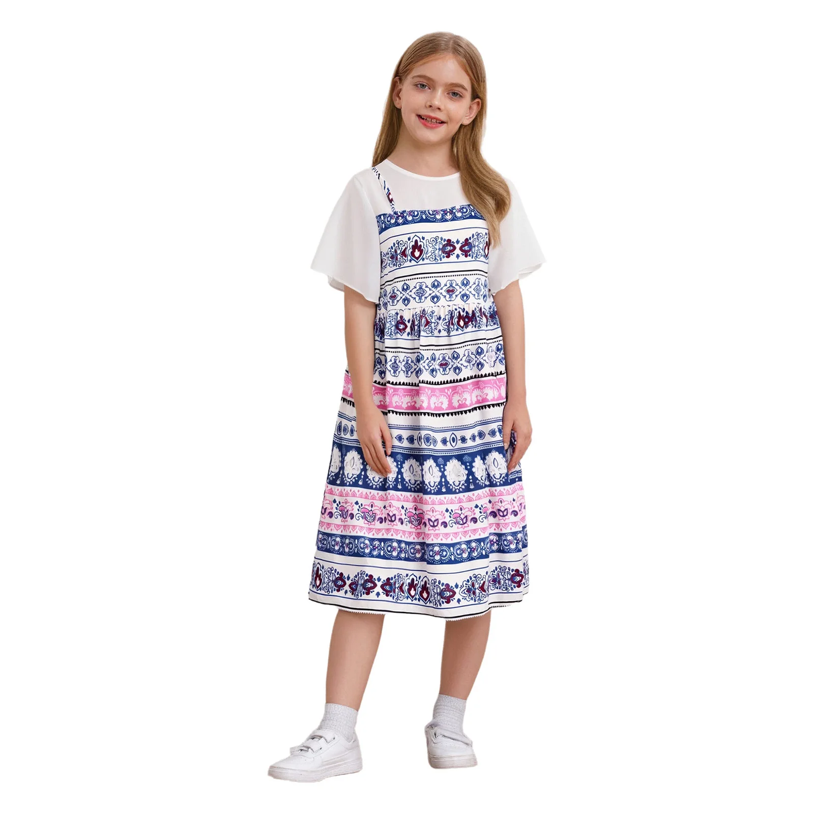 

New Girl Flower Print Princess Dresses Short Sleeve Color Block Boho Belted Casual Kids Clothes Fashion Summer Travel Beach Wear
