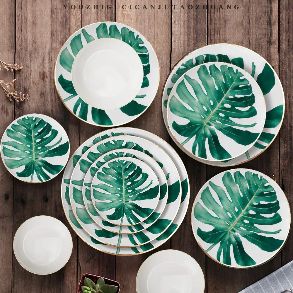 

Regenwald Monstera Geschirr Set High-End China Haushalt Schüssel und Teller Luxus Phnom Penh Geschenk Porzellan Hylaea Platten