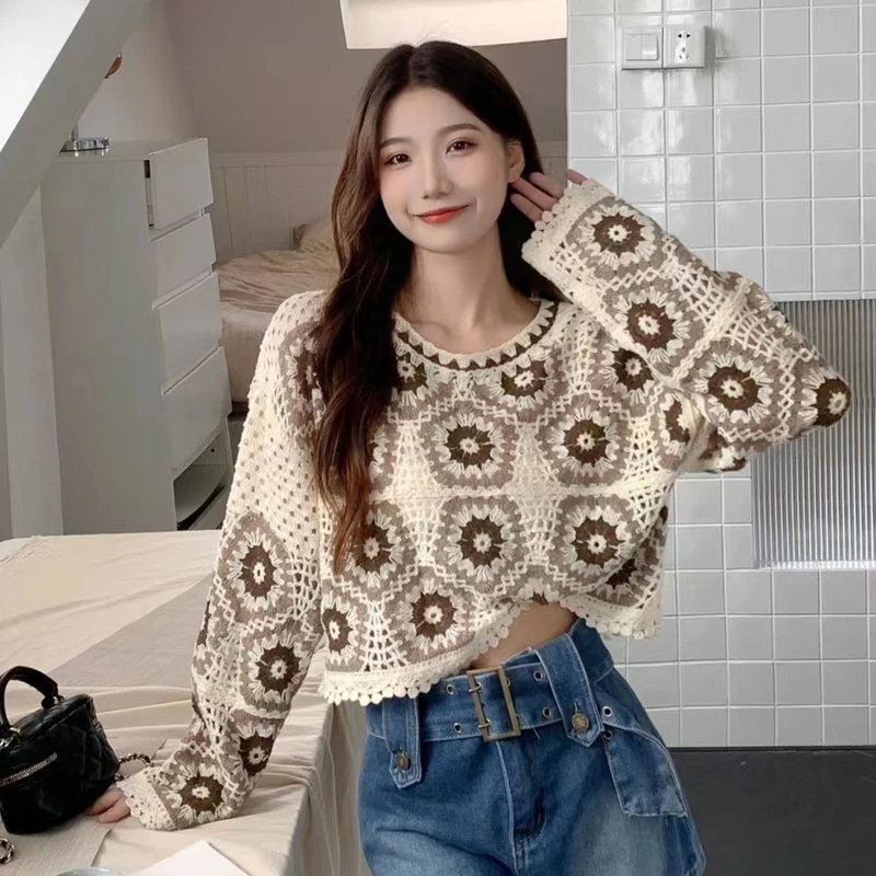 Áo len dệt kim dài tay cổ tròn khoét hở kiểu dáng rộng dáng rộng Áo chui đầu Jumper Top