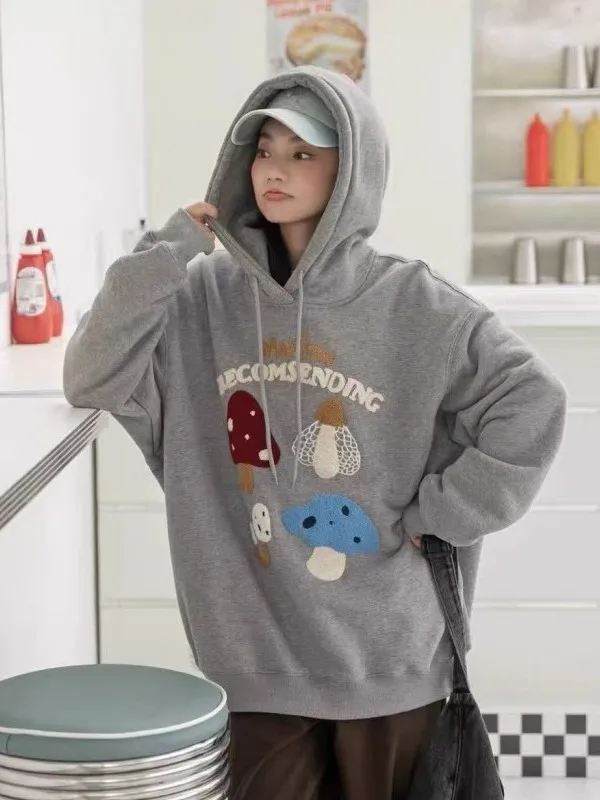 

Толстовка большого размера с мультяшным принтом грибов, на флисовой подкладке, утепленная, для осени и зимы