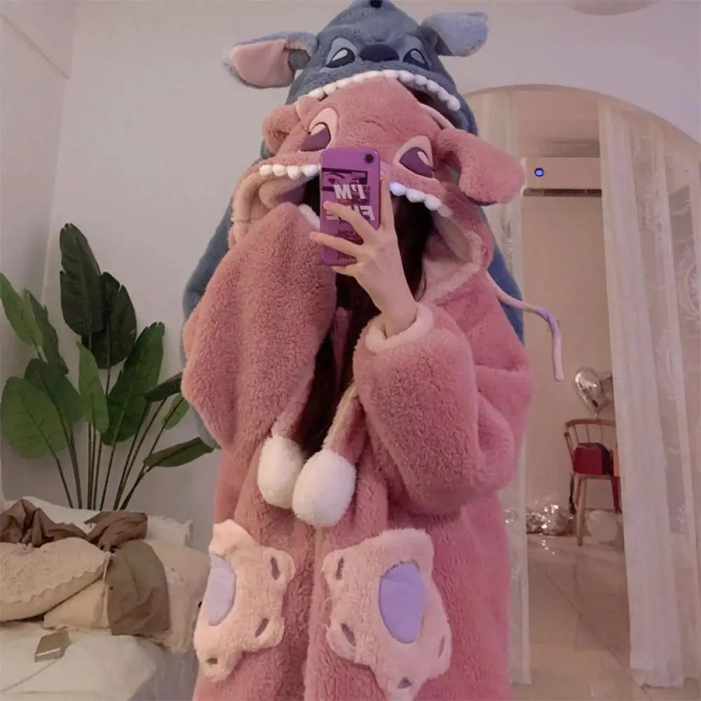 Cartoon Stitch Women's Hooded Sleepwear Fuzzy Kawaii Anime Cute Winter Warm Pajamas Night-Robe Cloaks Hooded Ponchos Couple Gift