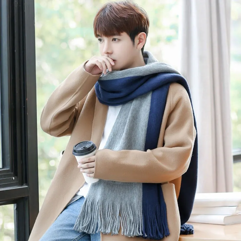 Fashion Classic Men Scarf Korean Version Warm Knitted Thick Thermal Simple Solid Muffler Winter Long Soft Windproof Scarves Male