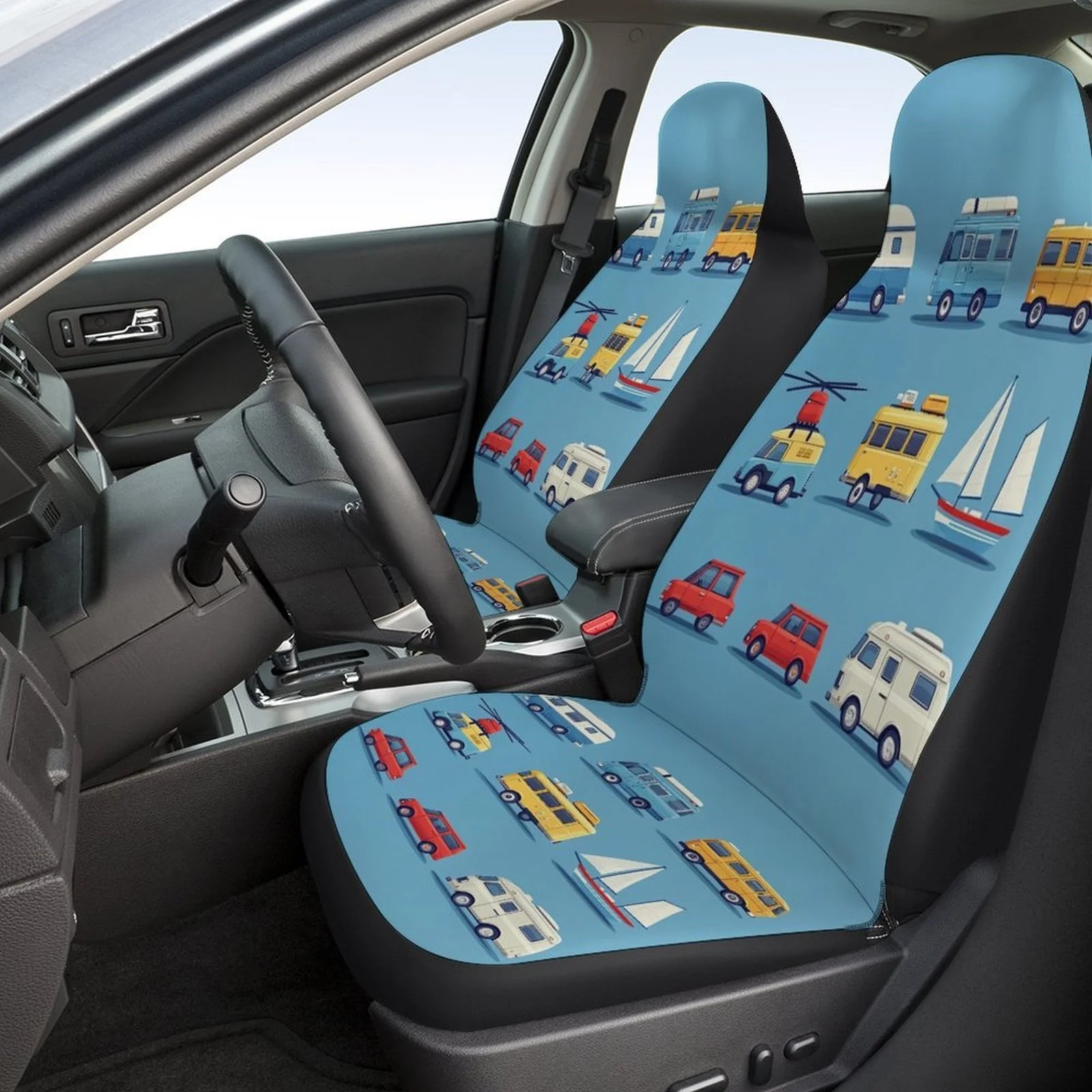 Travel Vehicles Collection Designed Car Seat Cover Set For Most Cars, Trendy Novelty High-quality Car Seat Protector Covers Full