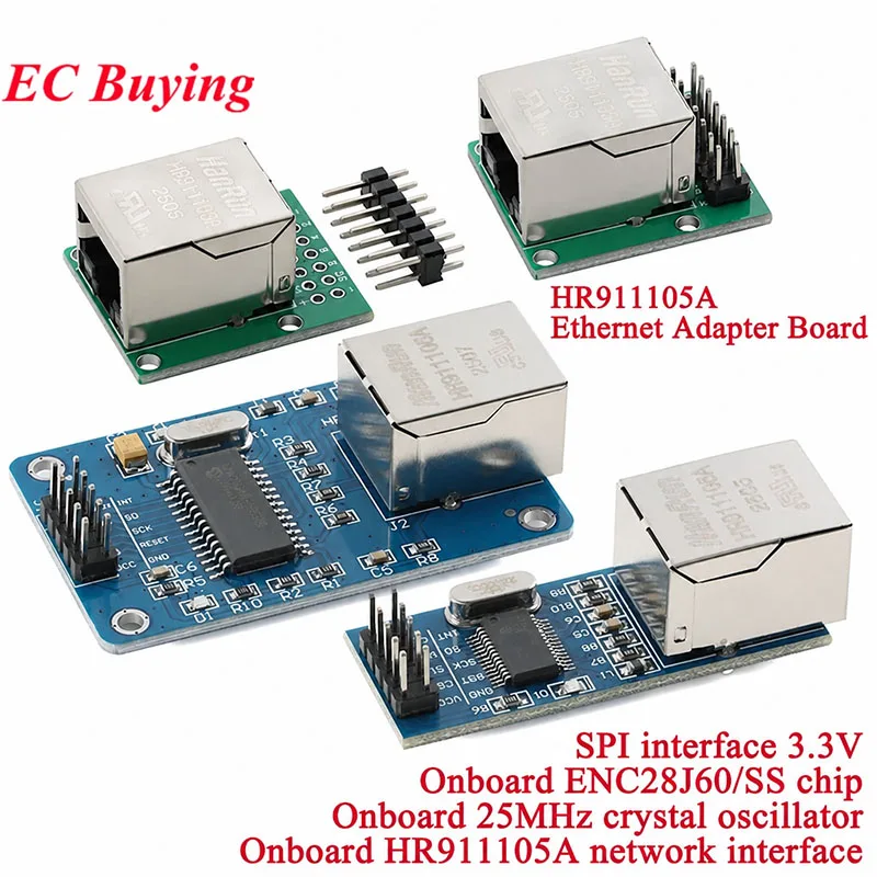 1-2Pcs Mini ENC28J60 Network Module ENC28J60/SS HR911105A Ethernet Adapter Board Controller SPI Interface 3.3V 25MHz Crystal