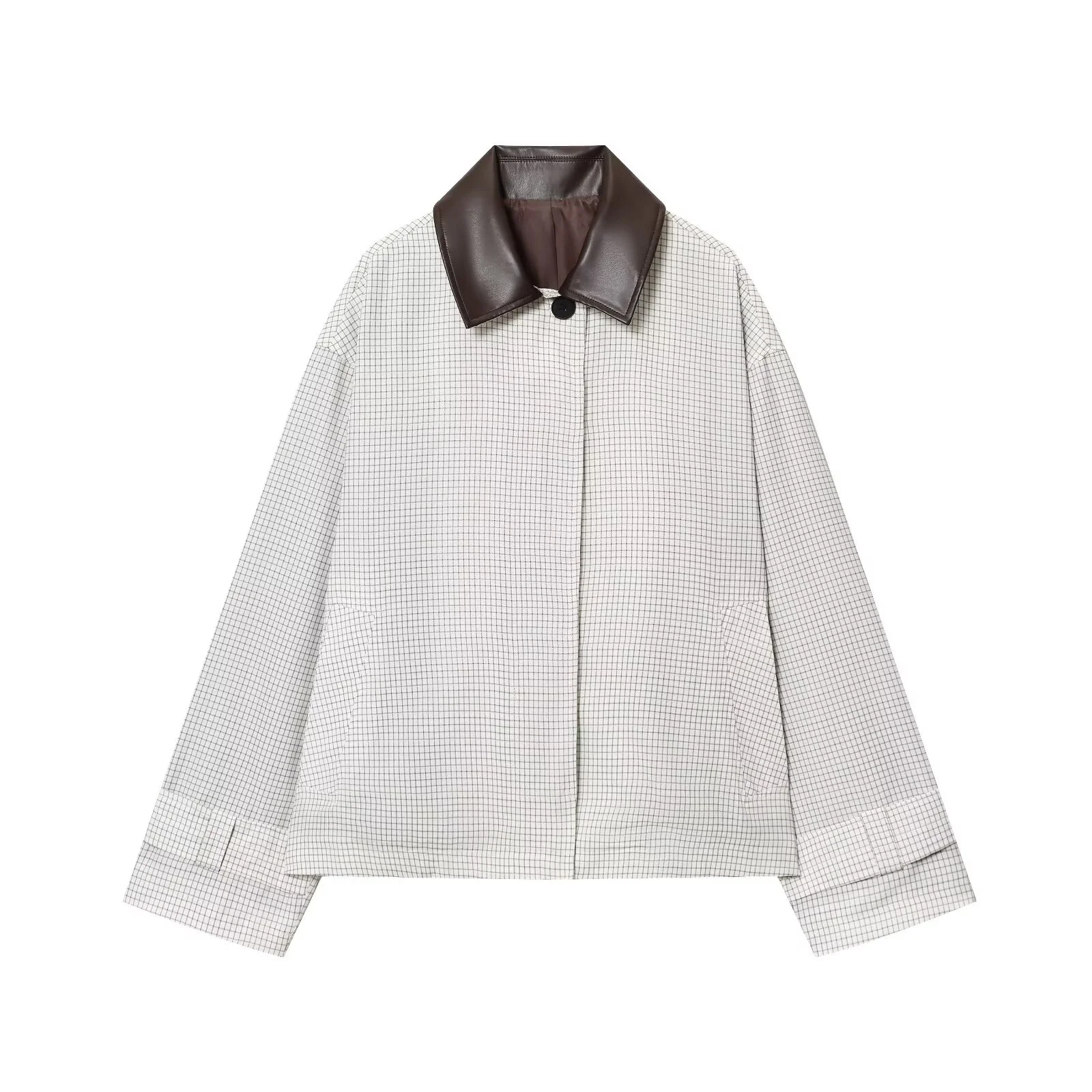 

BSK&TRAF autumn new women's single-breasted multi-button contrast color lapel long-sleeved leather effect short windbreaker