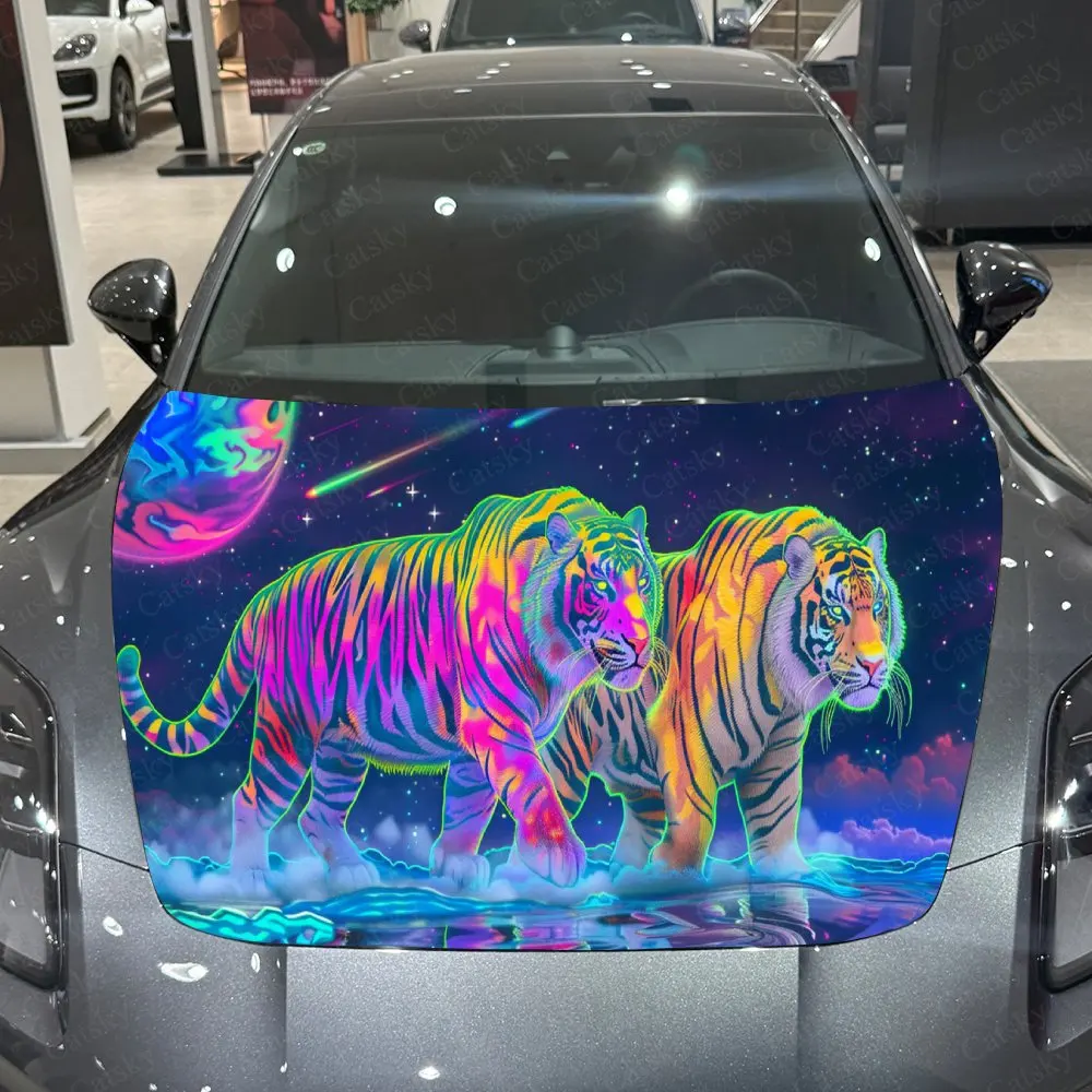 Adesivos românticos para capô de carro, par de tigre neon - envoltório de vinil autoadesivo, à prova d'água e durável, decorar e proteger seu carro - T