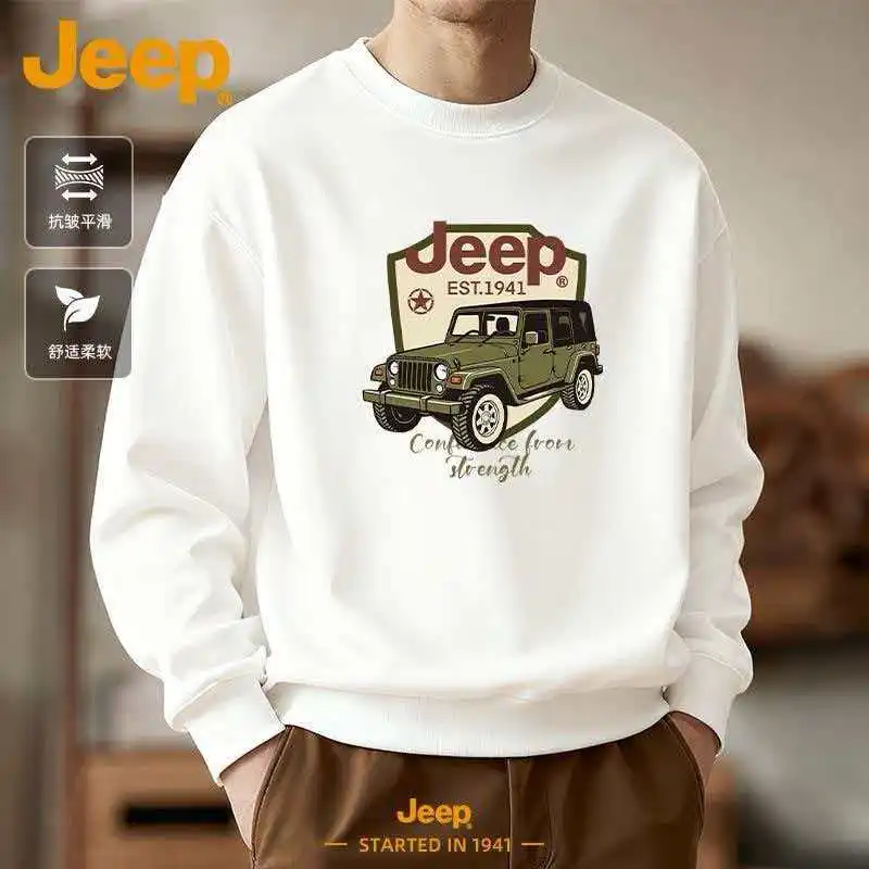 JEEP 2026 New Men's Printed Crew Neck Sweatshirt, Loose Casual No Hood Hoodie, Spring Autumn White Versatile Daily Streetwear