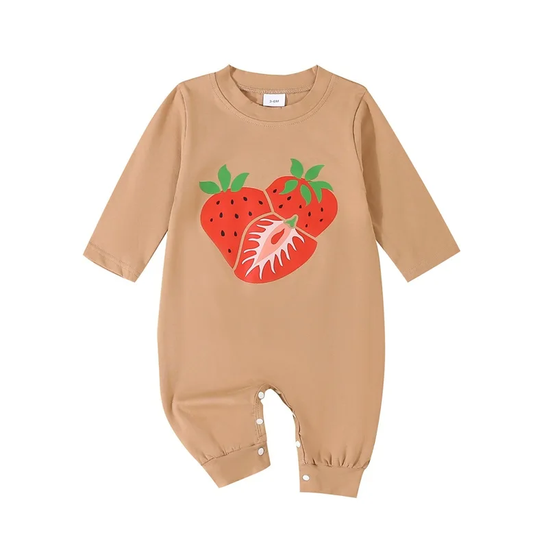 

Baby Boy Girl Strawberry Romper Round Neck Long Sleeve Full Length Jumpsuit Fall Clothes