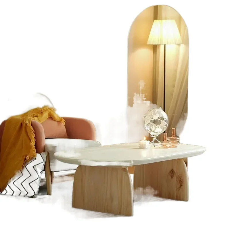 

Solid wood cream small coffee table, simple Japanese tea table, household oval