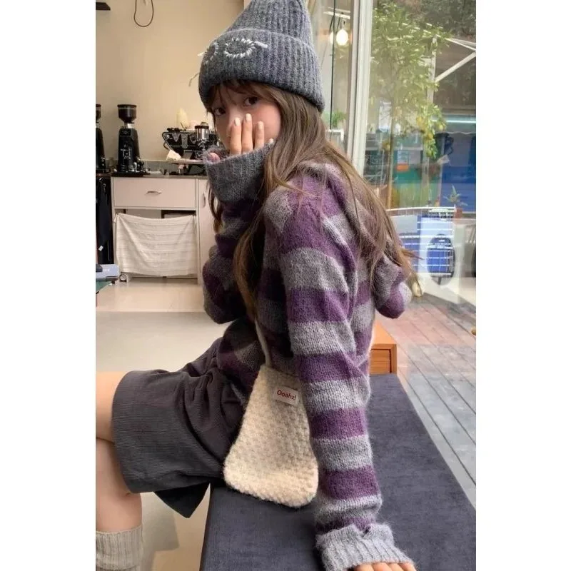 الكورية نمط كسول الراقية مخطط معطف بقلنسوة للنساء الخريف والشتاء 2025 جديد فضفاض محبوك سترة علوية #4