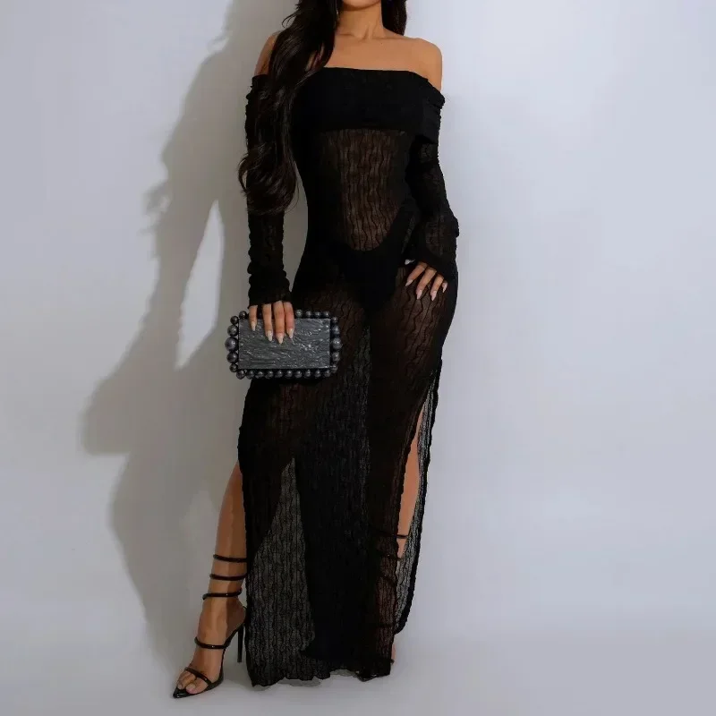 

GUWU женское вязаное прозрачное длинное платье с длинными рукавами и вырезом на шее, осеннее вечернее сексуальное вечернее платье для ночного клуба, Vestidos