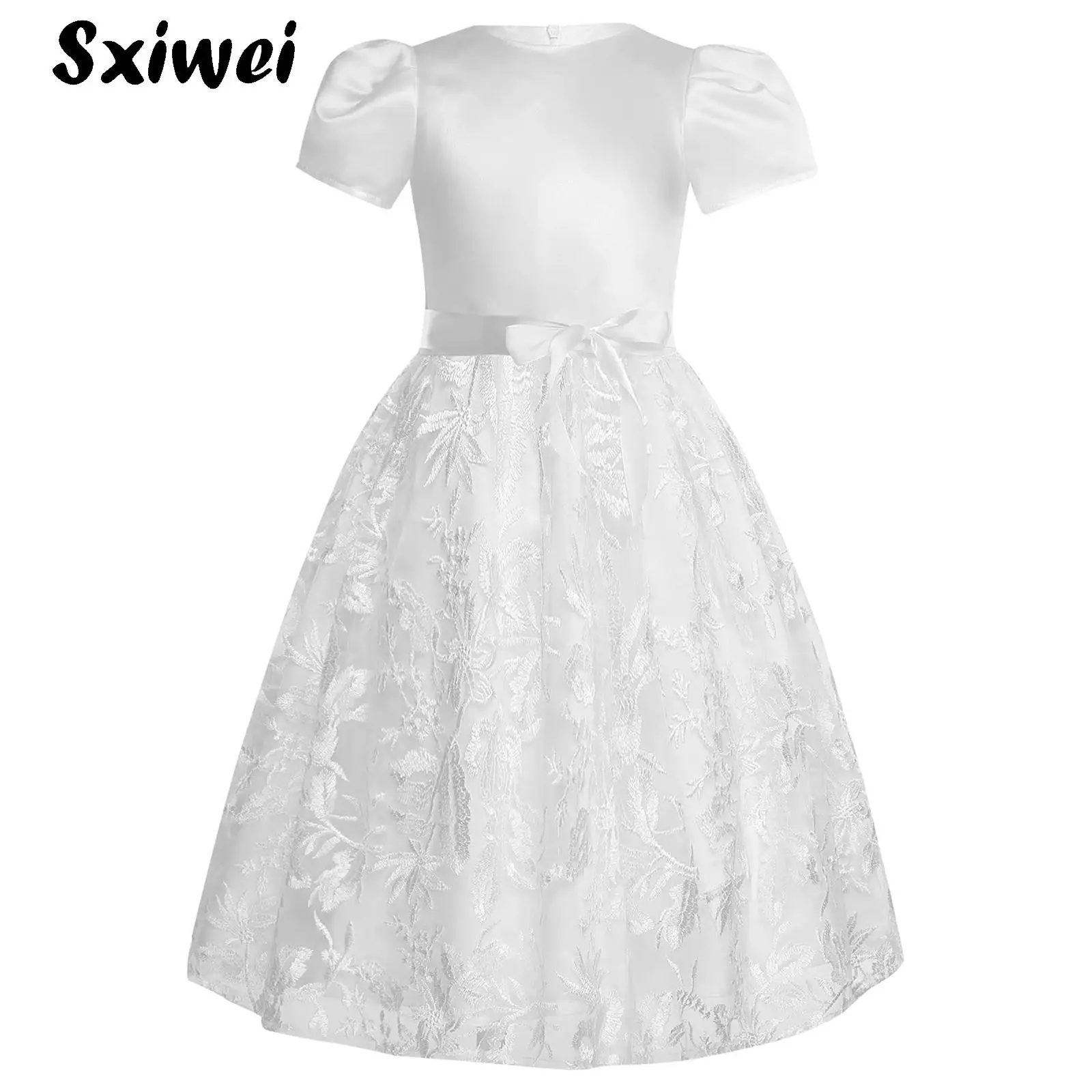 

Girls Kids White Floral Embroidery Tulle Flower Dress Ball Gown Party Formal Dresses High Waist Knee Length Princess Dress