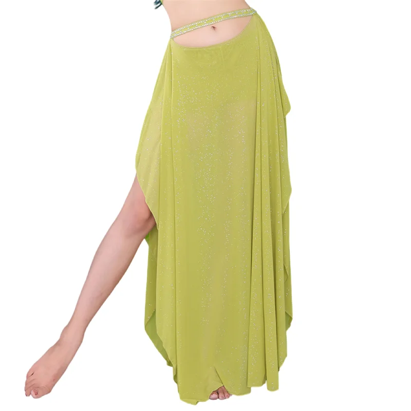 Jupe longue fendue sur deux côtés, vêtements d'entraînement de danseuse orientale, fil d'eau scintillant, vêtements d'entraînement avec short, ceinture de taille L